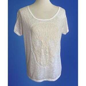 M Fasis Top Womens XL Crochet Skull White Semi Sheer Short Sleeve Rock Biker